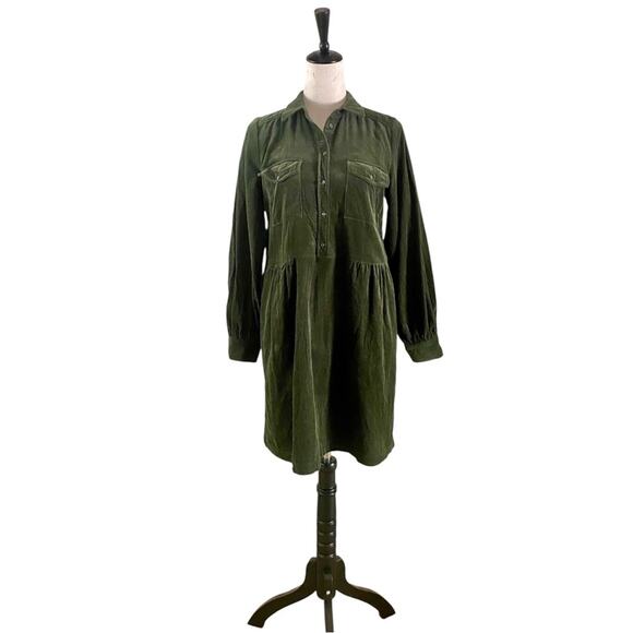 Part Two Corduroy Velvet Button-Up Dress Olive Green - Picture 1 of 7